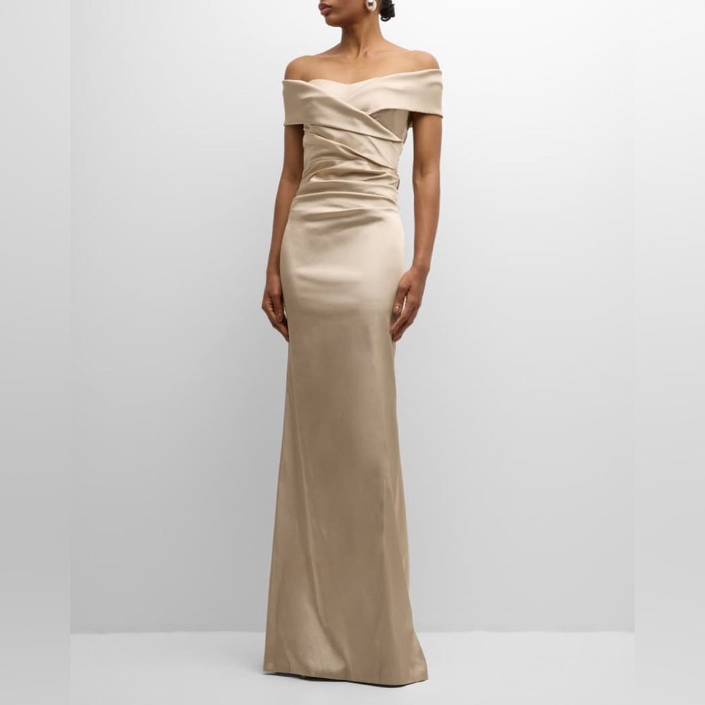 Rickie Freeman for Teri‎ Jon | Champagne Off The Shoulder Ruched Satin Gown 14